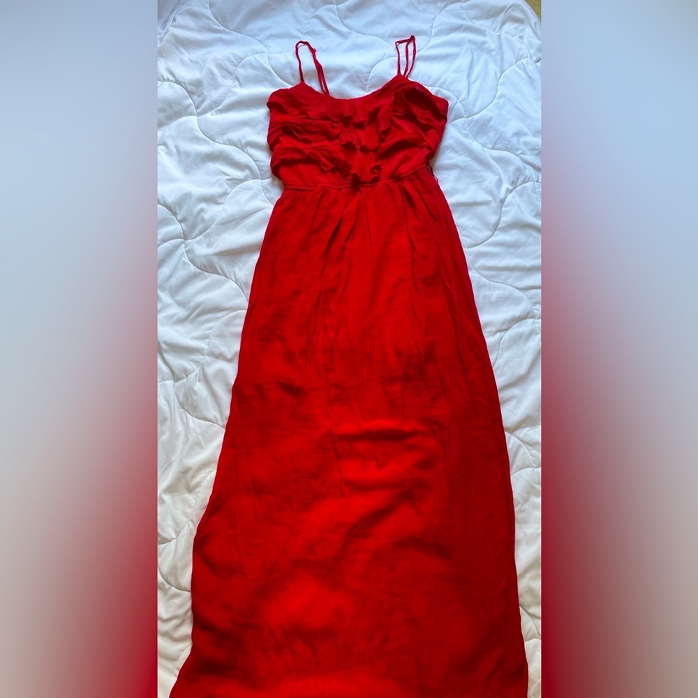 Red Maxi Sundress with Ruffles, adjustable straps, elastic stretchy waist AUW